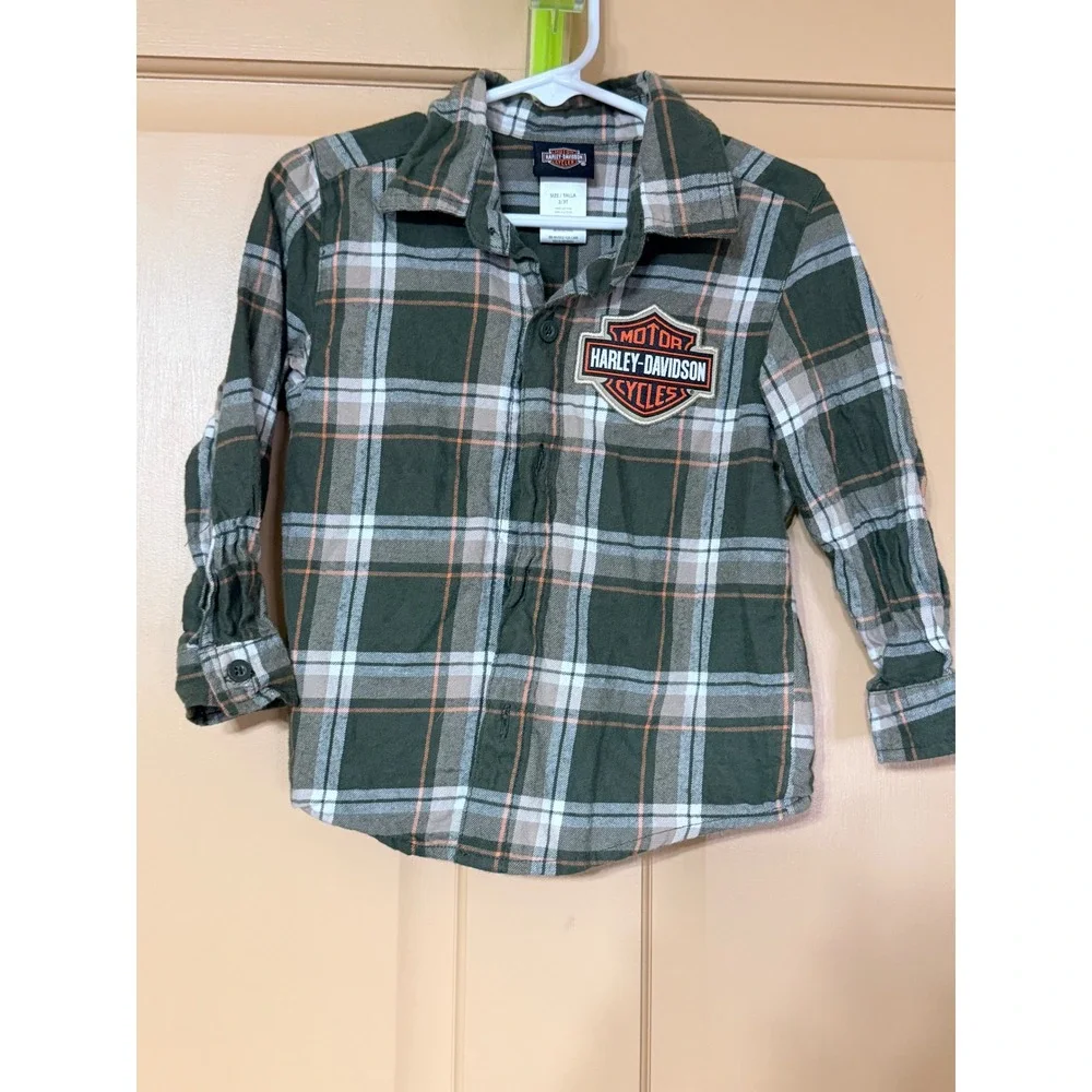 Harley-Davidson Toddler Boys Green Plaid Flannel Shirt Logo Patch Size 2T/3T